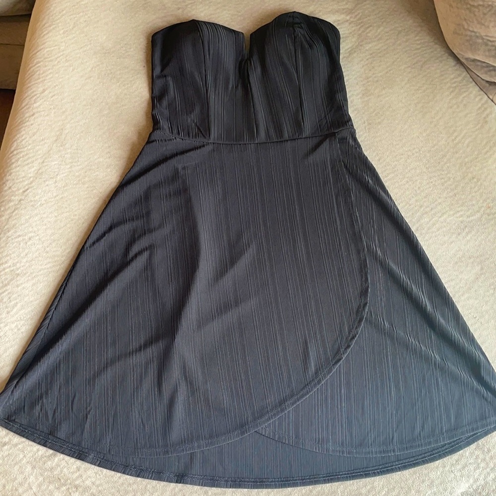 Strapless, sweetheart, black mini dress